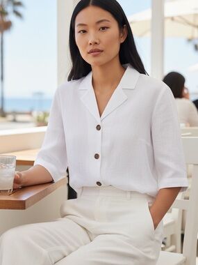 OUI (6) Pure Linen Blouse Optic White Cropped Lapel Collar Button 3/4 Sleeve